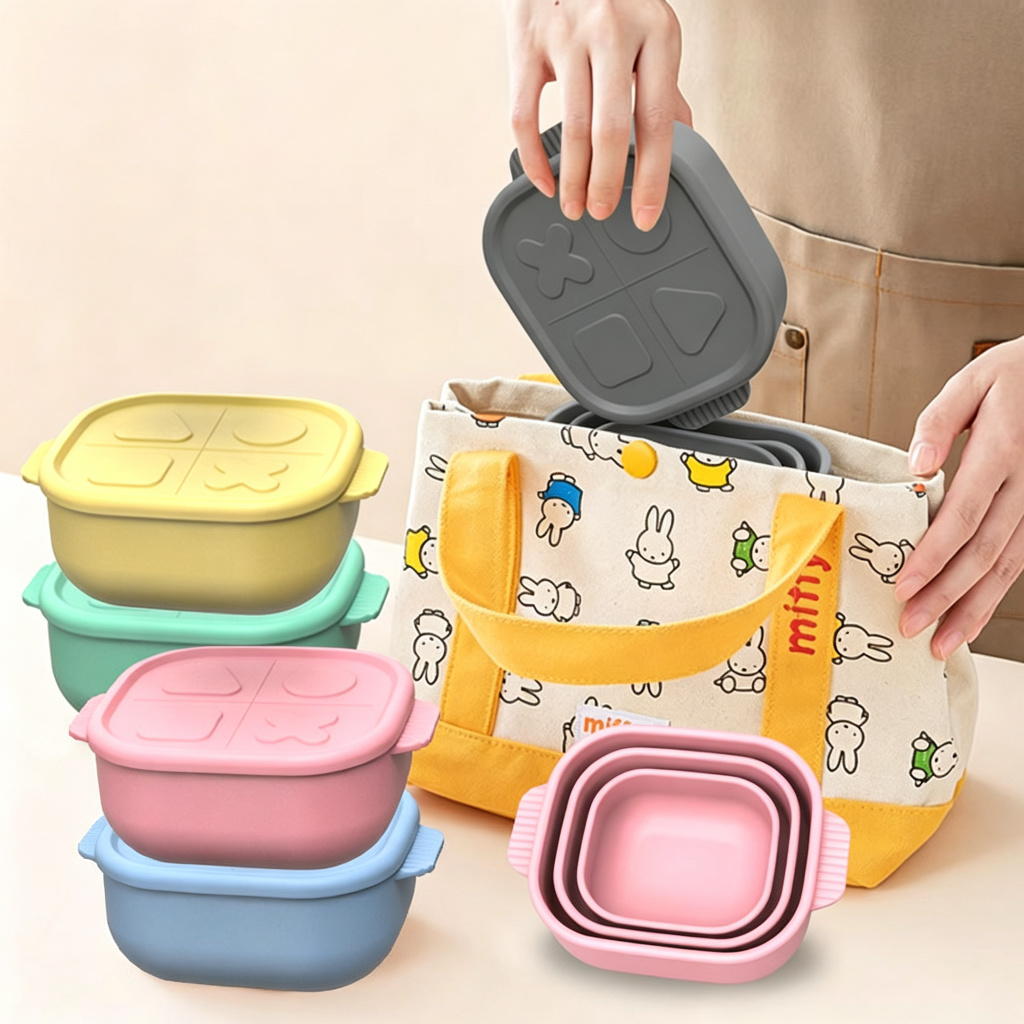 Collapsible Silicone Bento Lunch Box with Compartments